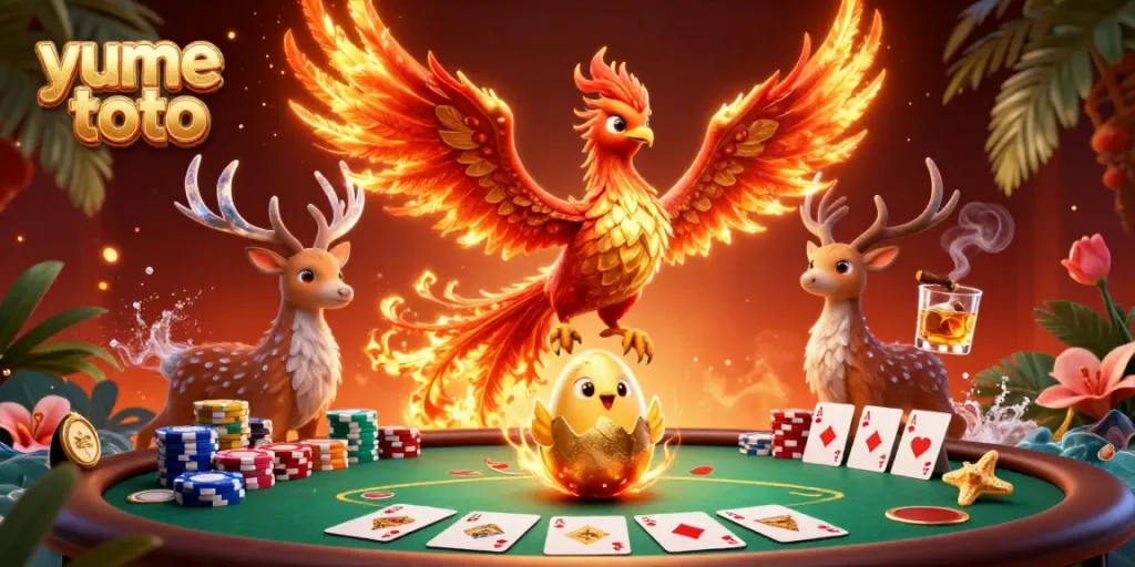 Experience Yume Toto’s vibrant gaming scene featuring a phoenix and gambling elements in a dynamic composition.