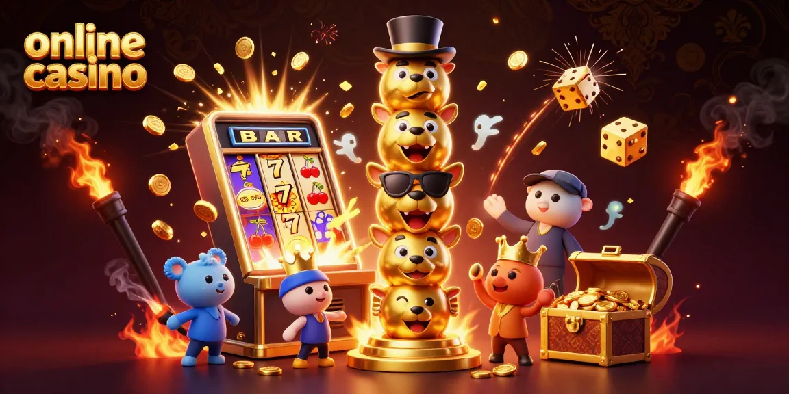 Engage in thrilling online casino action with vibrant 3D illustrations of slots, dice, and golden treasures.