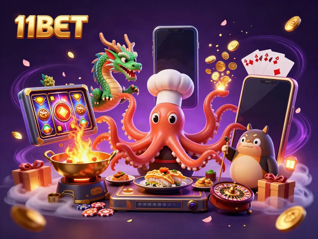 Experience the excitement of 11BET with a vibrant 3D illustration featuring dynamic casino games.
