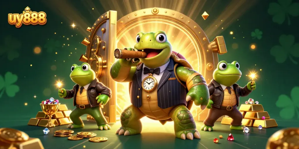 Experience the excitement of uy888 with a vibrant 3D casino illustration featuring a snapping turtle and bullfrog enforcers.