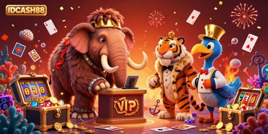 IDCASH88 showcases a vibrant casino scene with a mammoth bouncer, a saber-tooth VIP guest, and underwater treasures.