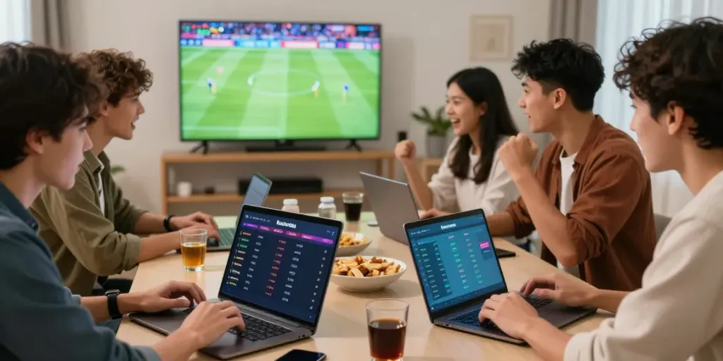 Kantorbola football betting excitement with friends in a lively setting