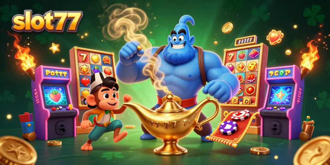 Experience thrilling slot action with slot77 in this vibrant, richly detailed casino illustration.