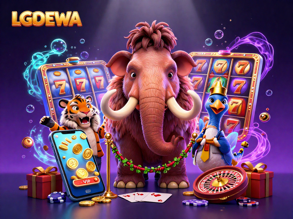 Spin to win with LGODEWA as the woolly mammoth bouncer checks IDs at a vibrant casino entry.