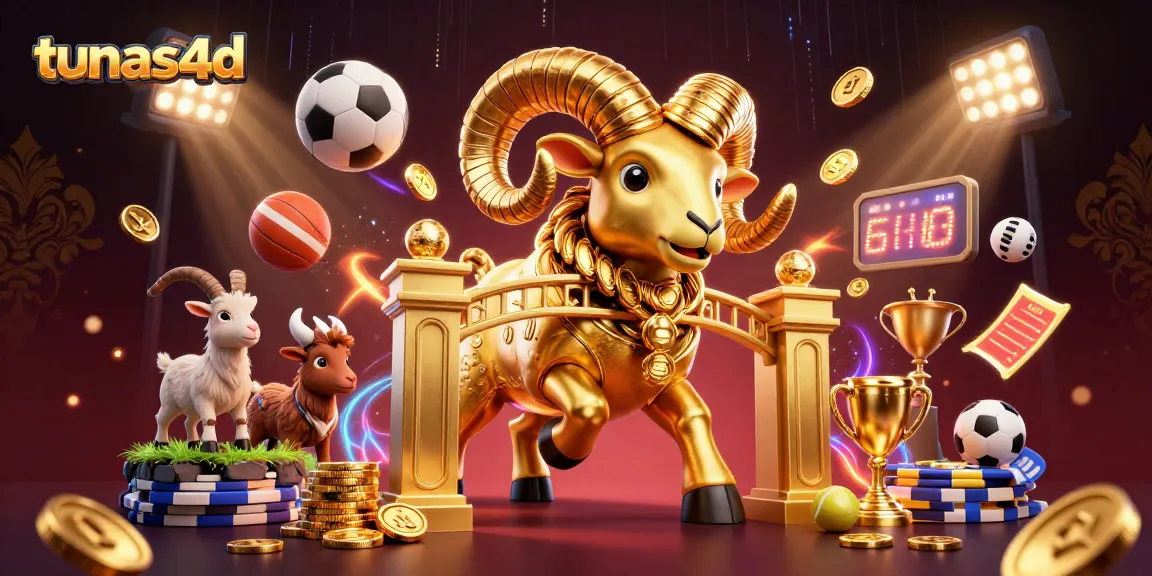 Experience the excitement of sports betting with tunas4d's golden ram charging through a dynamic casino scene.