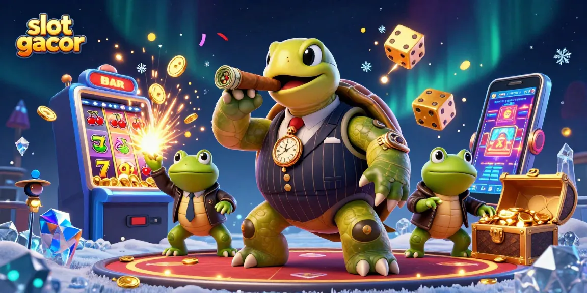 Spin to win with slot gacor in a vibrant casino scene featuring a snapping turtle and bullfrogs.