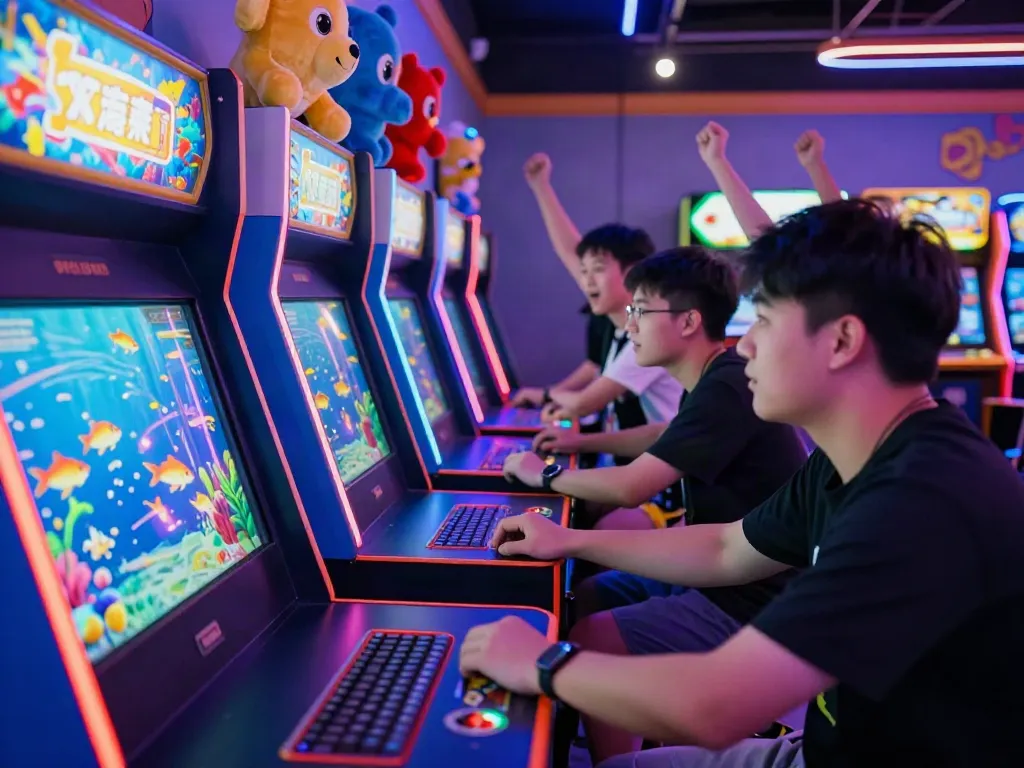 Players enjoying lại là Bắn cá đổi thưởng in a lively arcade with colorful lights and engaging screens.