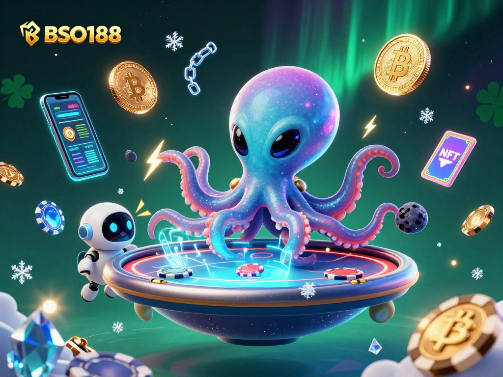 Experience the thrill of BSO188 with a lively 3D scene of an alien octopus at a poker table.