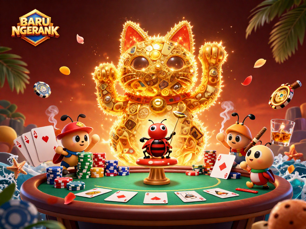 Engage with BARU NGERANK and experience a vibrant 3D casino illustration featuring a lucky cat amidst poker elements.