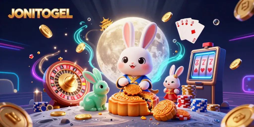 Experience JONITOGEL's enchanting moonlit casino scene with vibrant poker chips and sparkling gems.