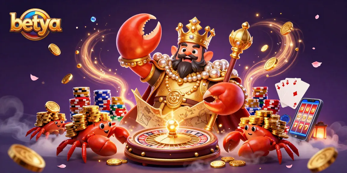 Engage with betya's colorful casino adventure featuring a golden crab emperor amidst spinning roulette wheels and vibrant treasure.