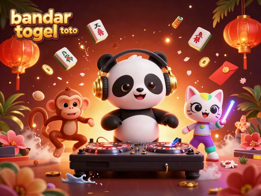 Gambarlah bandar togel toto dengan karakter kartun 3D meriah dan elemen judi yang menarik.