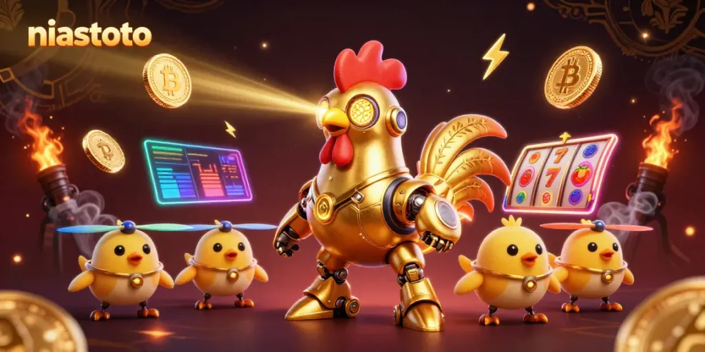 NIASTOTO menghadirkan aksi kasino masa depan dengan robot ayam emas dan koin crypto digital.