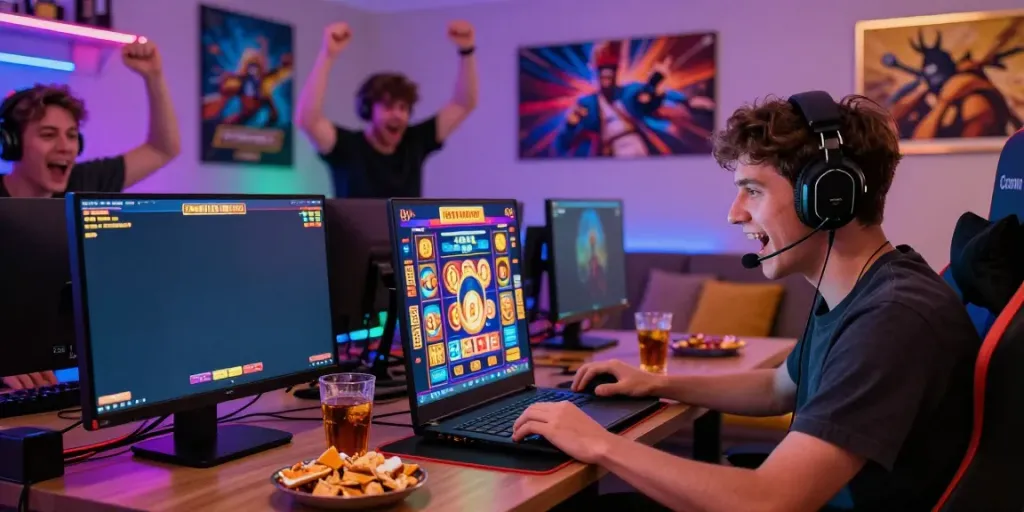 Player celebrating a win on slot gacor game with friends, vibrant gaming atmosphere