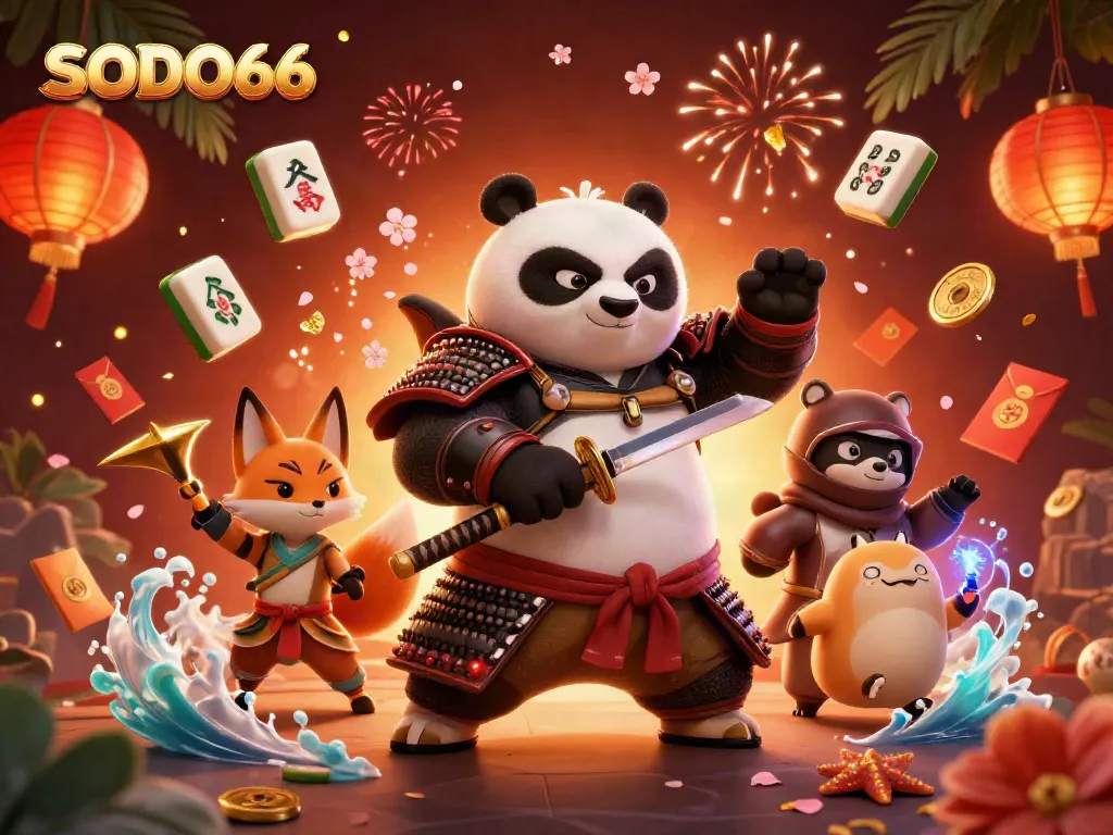 SODO66: Engage with a fierce samurai panda and ninja fox in an enchanting casino scene filled with traditions and gaming elements.