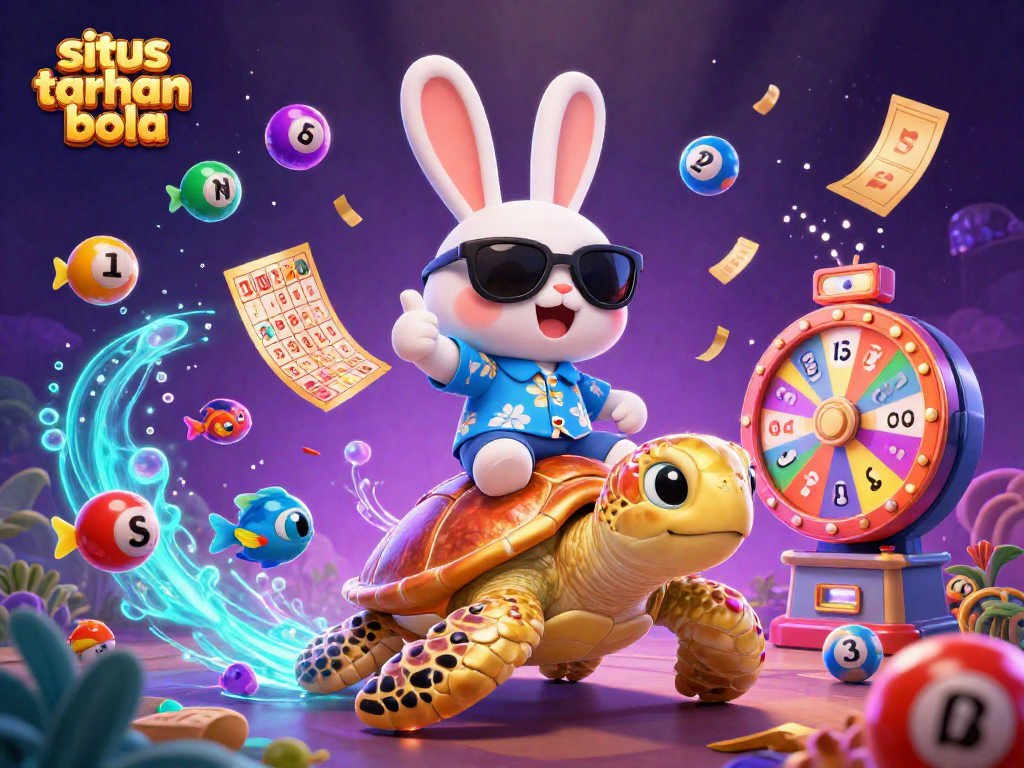 Engage with situs taruhan bola as a lucky rabbit and golden sea turtle celebrate in a vibrant, dynamic casino scene.