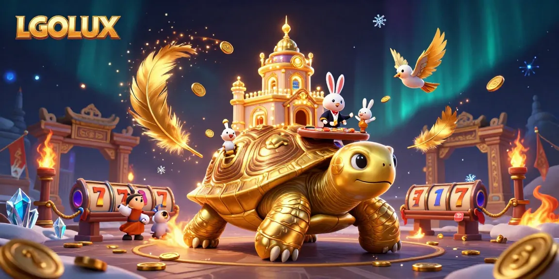 Engage with LGOLUX's vibrant casino scene featuring a giant tortoise, rabbit dealer, and golden coins.