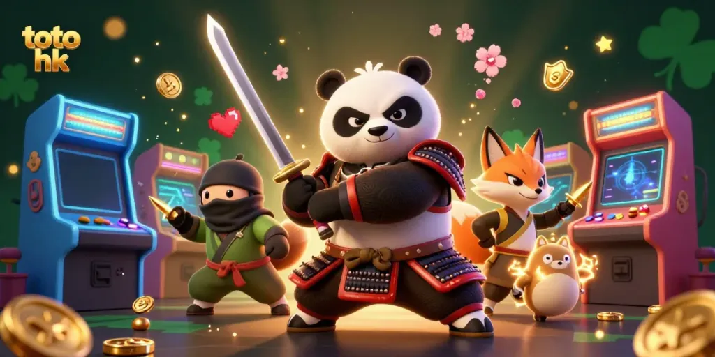 Menghadapi peluang dengan toto hk dalam ilustrasi kasino penuh warna bersama panda samurai dan rubah ninja.