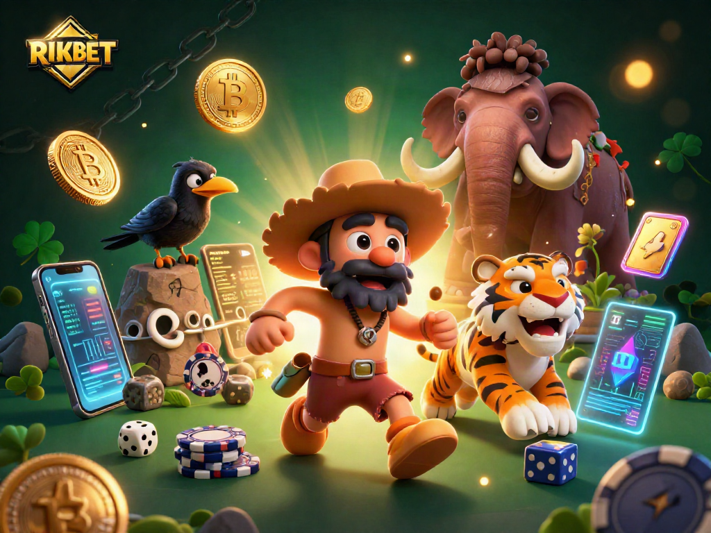 Engage with the vibrant RIKBET 3D casino scene featuring prehistoric characters and lively game elements.