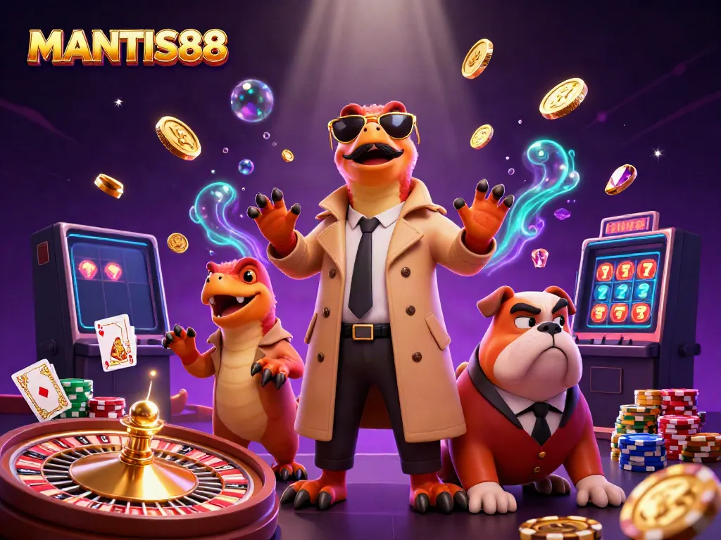 MANTIS88 raptors in trench coat amusingly attempt to enter VIP casino lounge with sparkling elements surrounding them.
