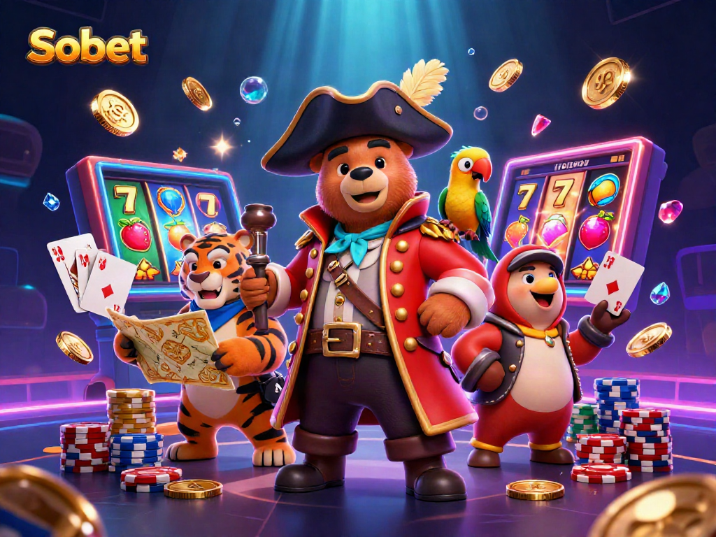 Sbobet engaging players with a lively 3D casino scene featuring a pirate bear and thrilling slot machines.