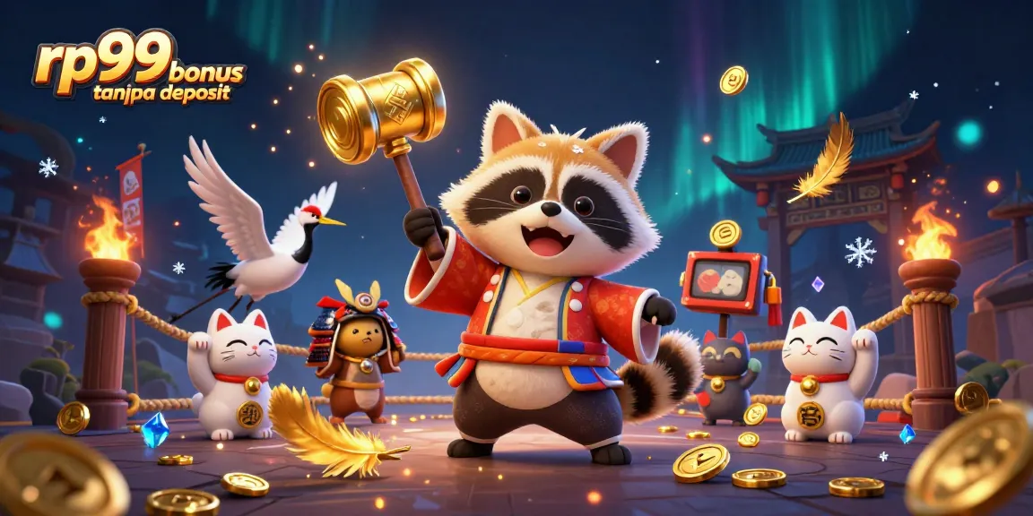 Experience the thrill of rp99 bonus tanpa deposit with a cheerful tanuki in a vibrant casino scene.