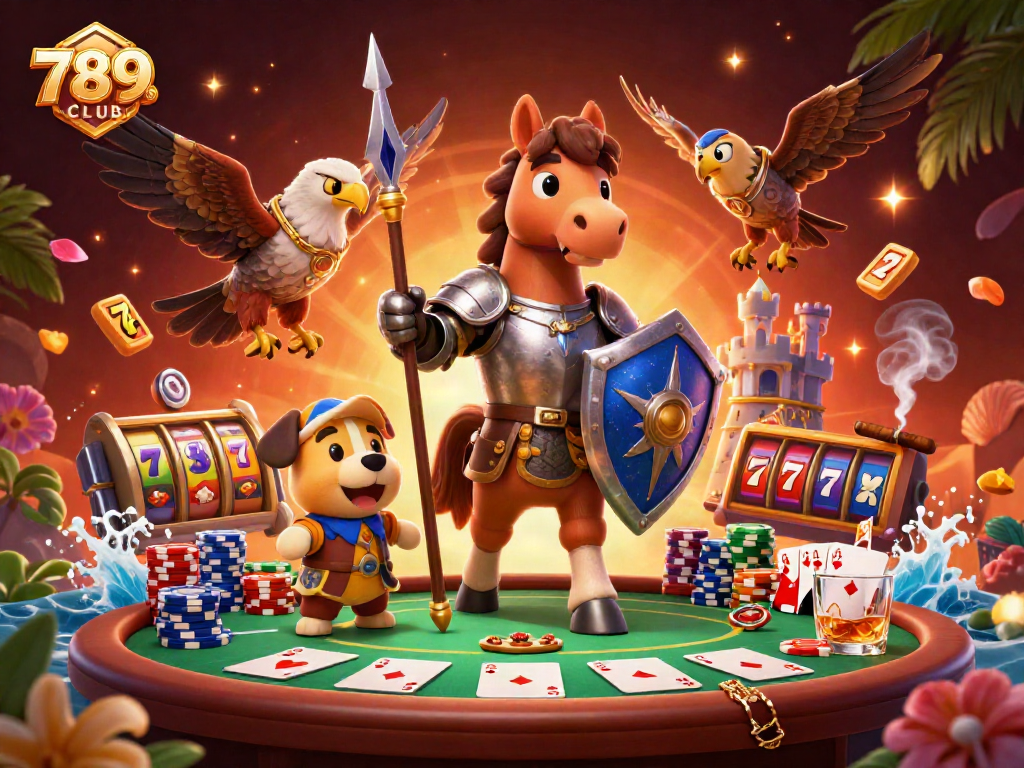Engage with exciting poker action at 789CLUB, featuring a knight, a puppy, and a falcon amidst vibrant casino elements.