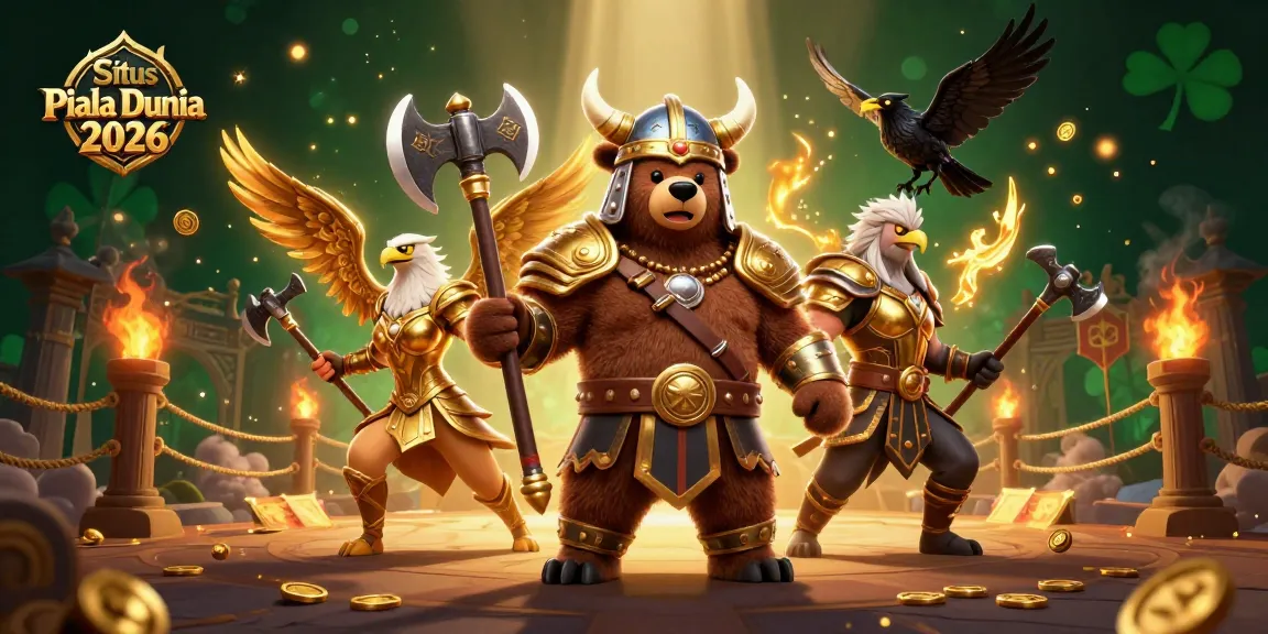 Situs Piala Dunia 2026 visuals showcase a Viking bear and Valkyrie eagle in an exciting gambling arena.
