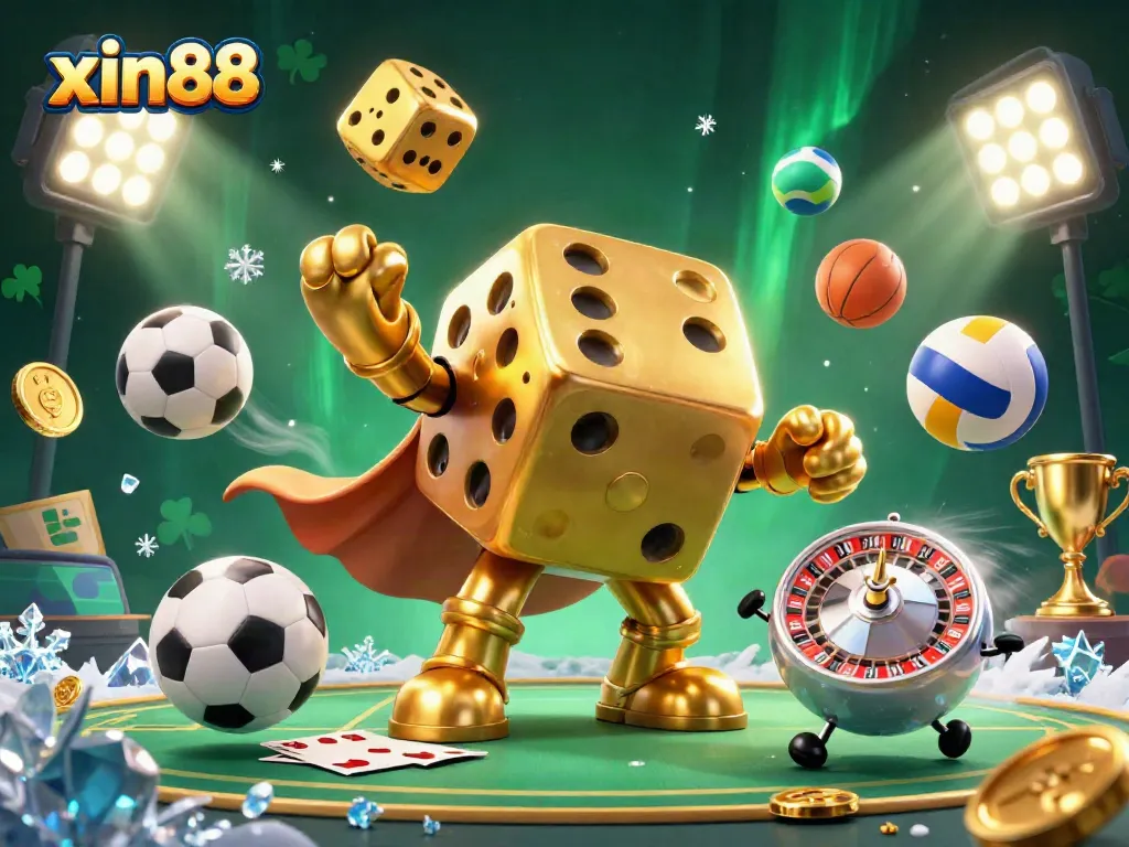 Experience the thrill of winning at xin88 with dynamic golden dice and sports elements in a vibrant casino scene.