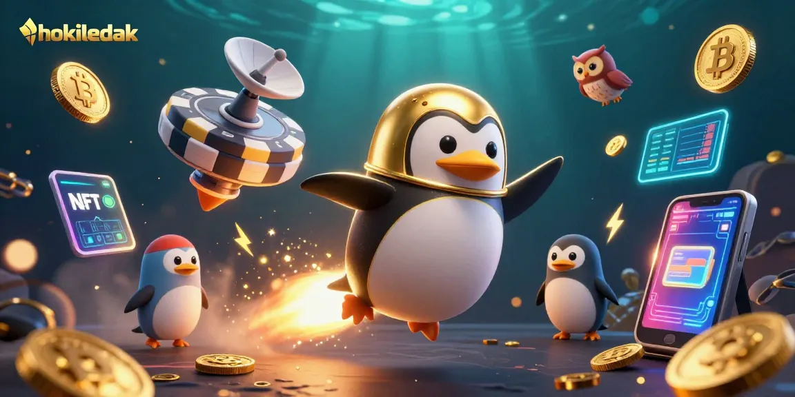 Experience the thrill of Hokiledak with a golden penguin racing to a vibrant casino space station.