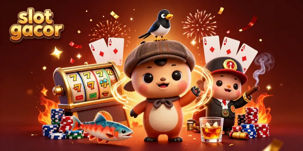 Menyaksikan slot gacor dengan karakter lucu dalam ilustrasi 3D yang kaya simbol slot, jackpot, dan suasana fiesta.