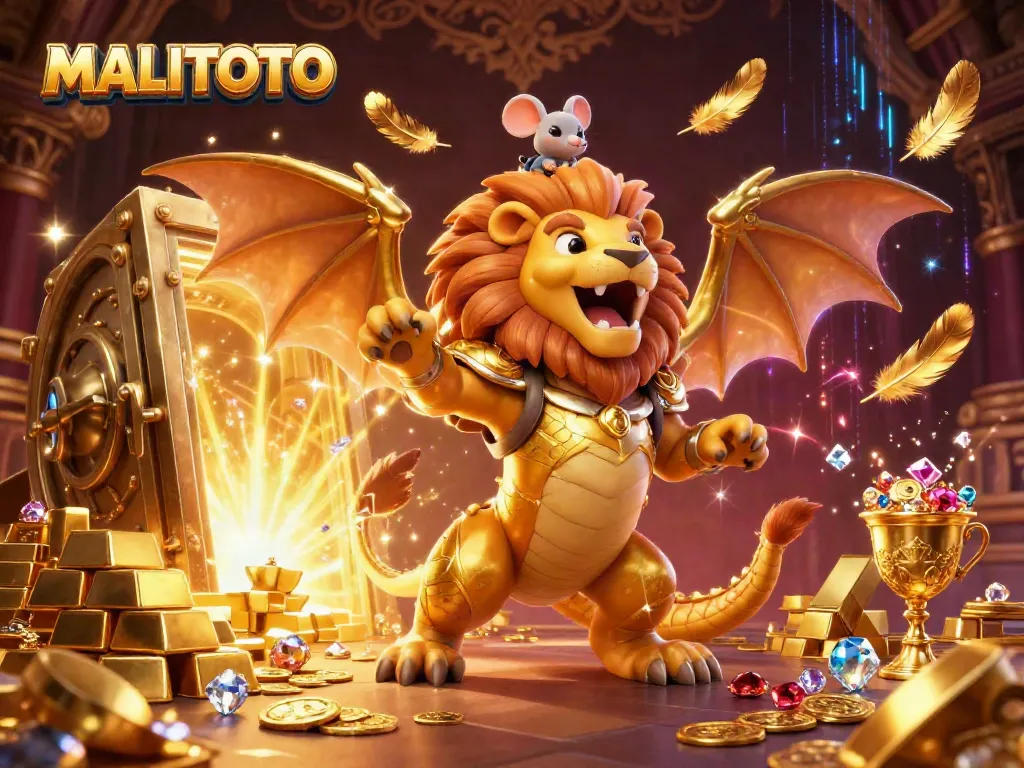 MALITOTO showcases triumphant chimera and mouse amidst gold treasures in a vibrant casino scene.