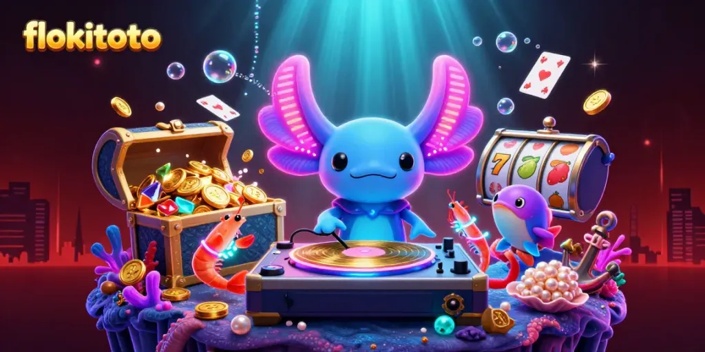 Experience the vibrant energy of flokitoto with a neon axolotl DJ and dynamic gambling elements in a lively underwater scene.