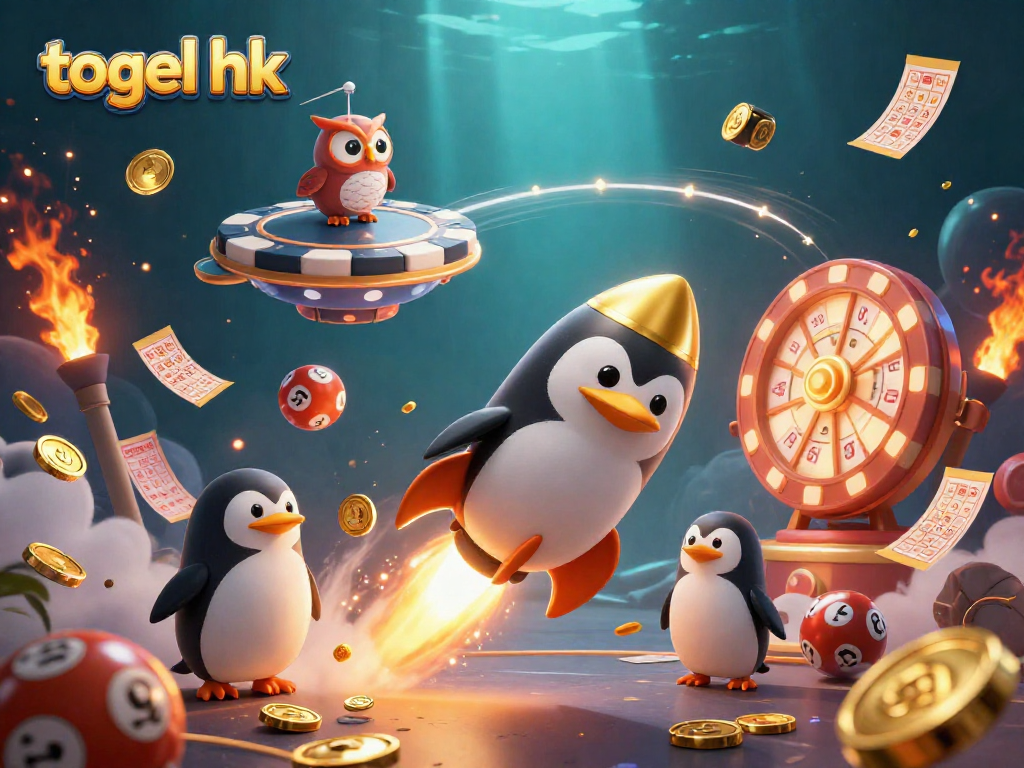 Experience the excitement of togel hk with a golden penguin racing through a vibrant casino lottery scene.
