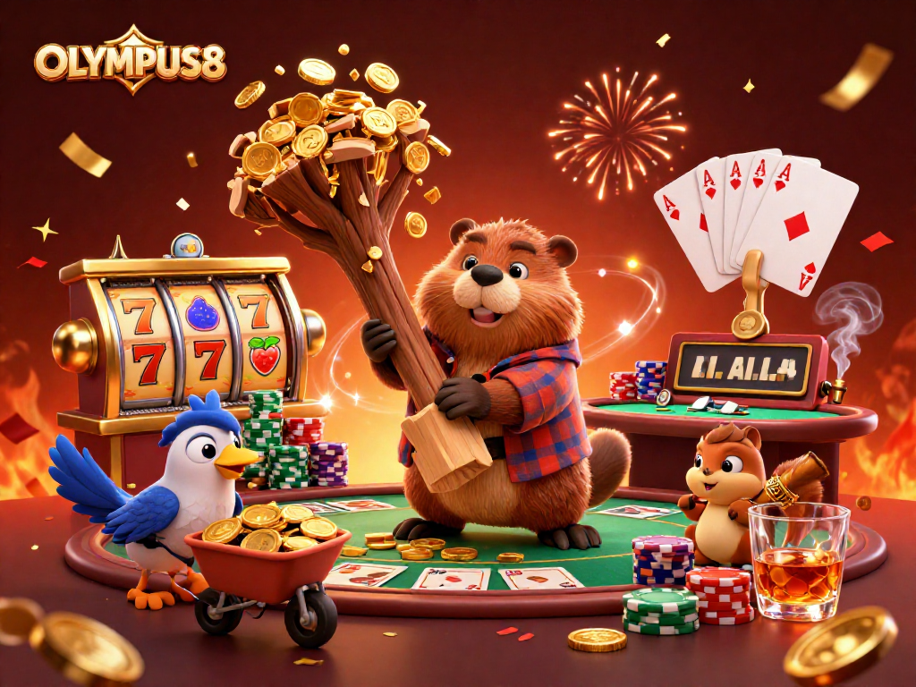 Spin the reels at OLYMPUS88 as our beaver axes trees raining coins in a vibrant casino scene.