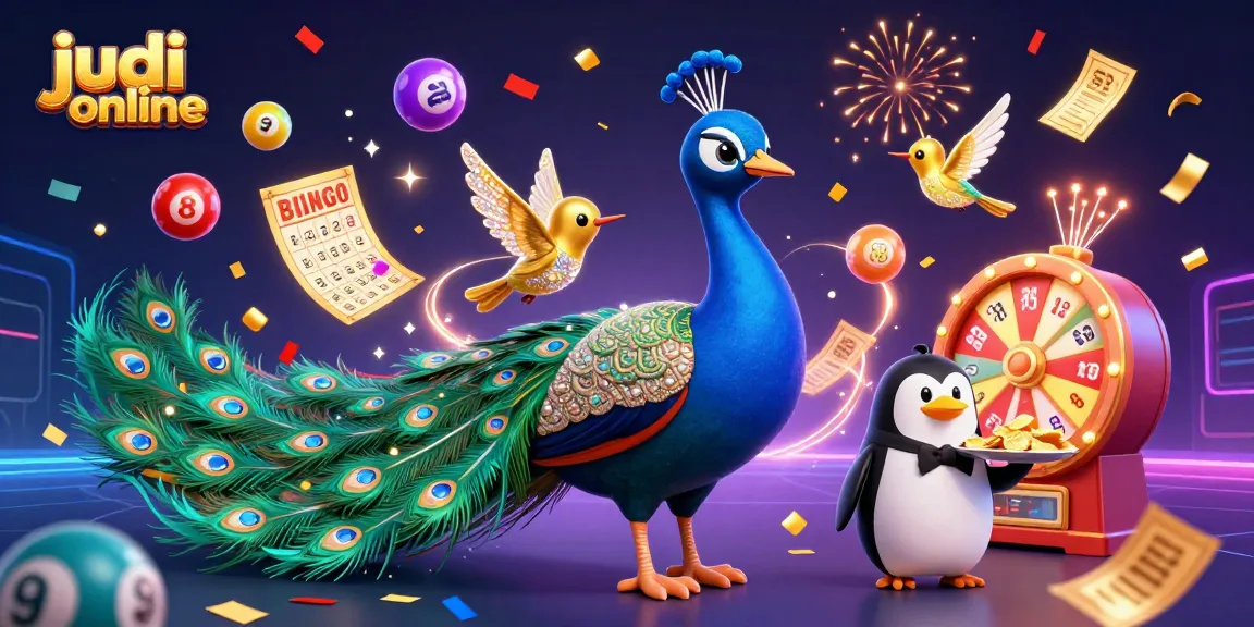 Engage with the judi online experience through a vibrant 3D illustration featuring lottery elements and festive characters.