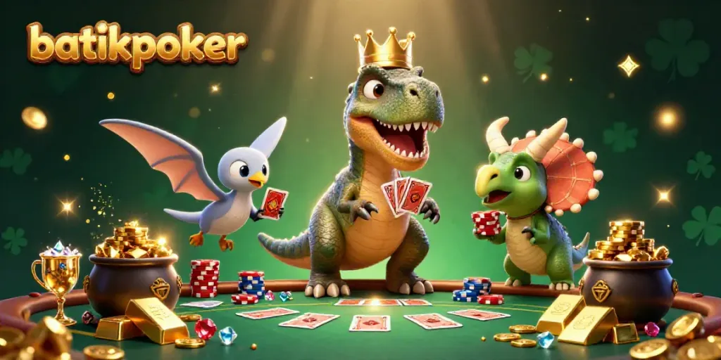 Batikpoker menghadirkan pedagang kartu unik di kasino, dengan dinosaur dan tumpukan chip emas.