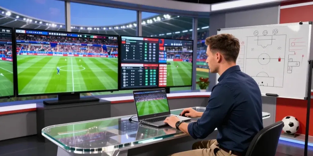 Analisis waktu nyata jebolwd dalam studio olahraga dengan statistik pertandingan.