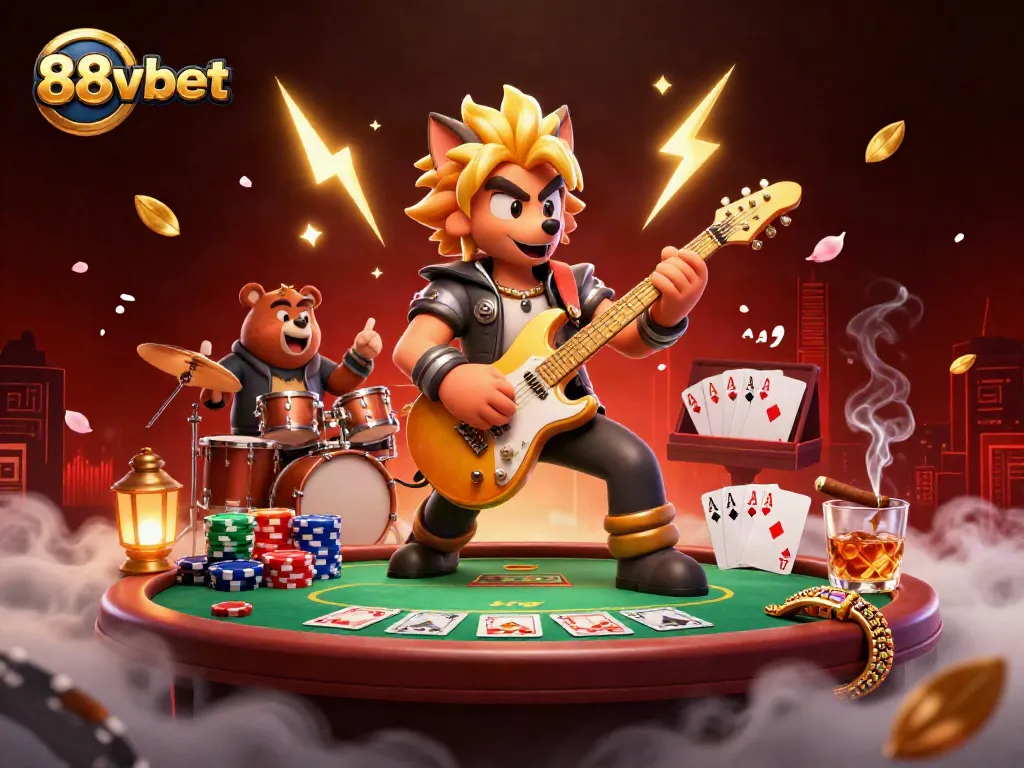 Experience the excitement of 88vbet with a vibrant rock star wolf and wild drummer bear performing on stage surrounded by poker and casino elements.