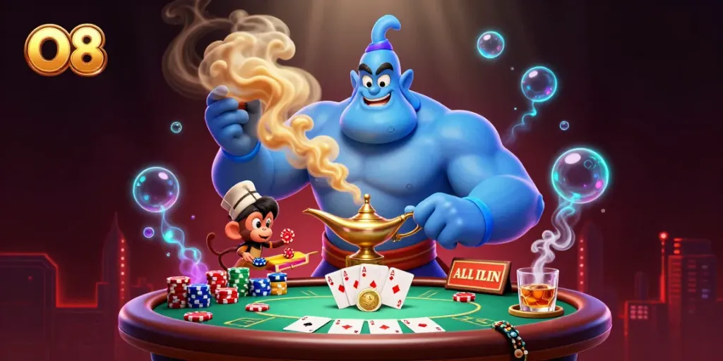 Win big on O8 with a dynamic casino scene featuring a genie, monkey, and poker elements.