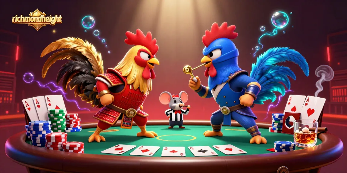 Rasakan ketegangan permainan di richmondheight dengan ayam jantan bertarung dan meja poker penuh warna.