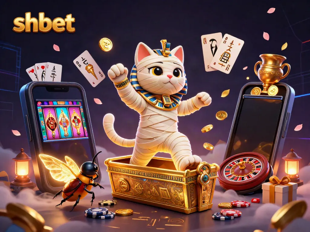 Experience the thrilling gaming world of shbet with a lively Egyptian mummy cat and vibrant casino elements.