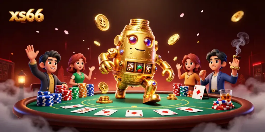 Experience the thrilling action of xs66 with a vibrant 3D scene of casino games and a golden golem.