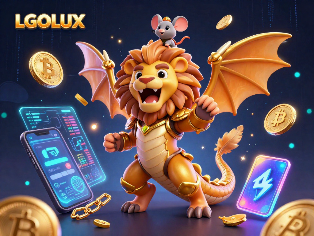 Engage with LGOLUX's vibrant 3D fantasy scene featuring a chimera, crypto elements, vivid casino energy.