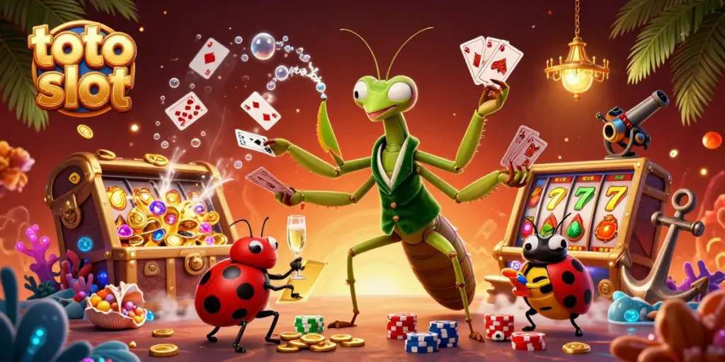 Engaging scene featuring a giant praying mantis card sharp and a ladybug pit boss at the 'toto slot' casino with lively details.