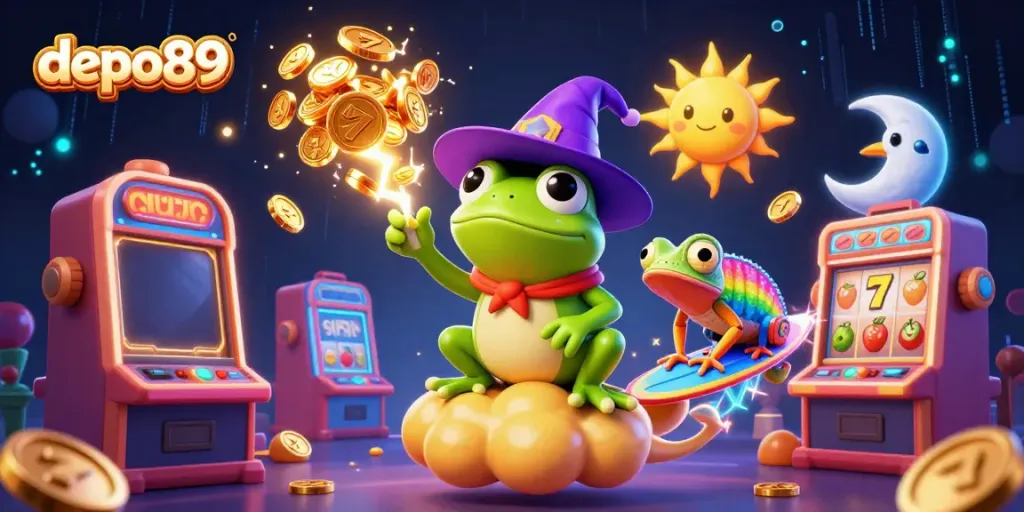 Experience the excitement of depo89 gaming as characters create a stunning spectacle of golden coins and casino symbols.