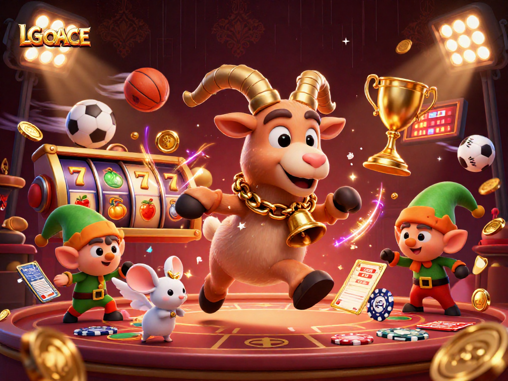 LGOACE showcases a festive horror casino scene with Krampus, an angel mouse, and elf gremlins stealing chips.