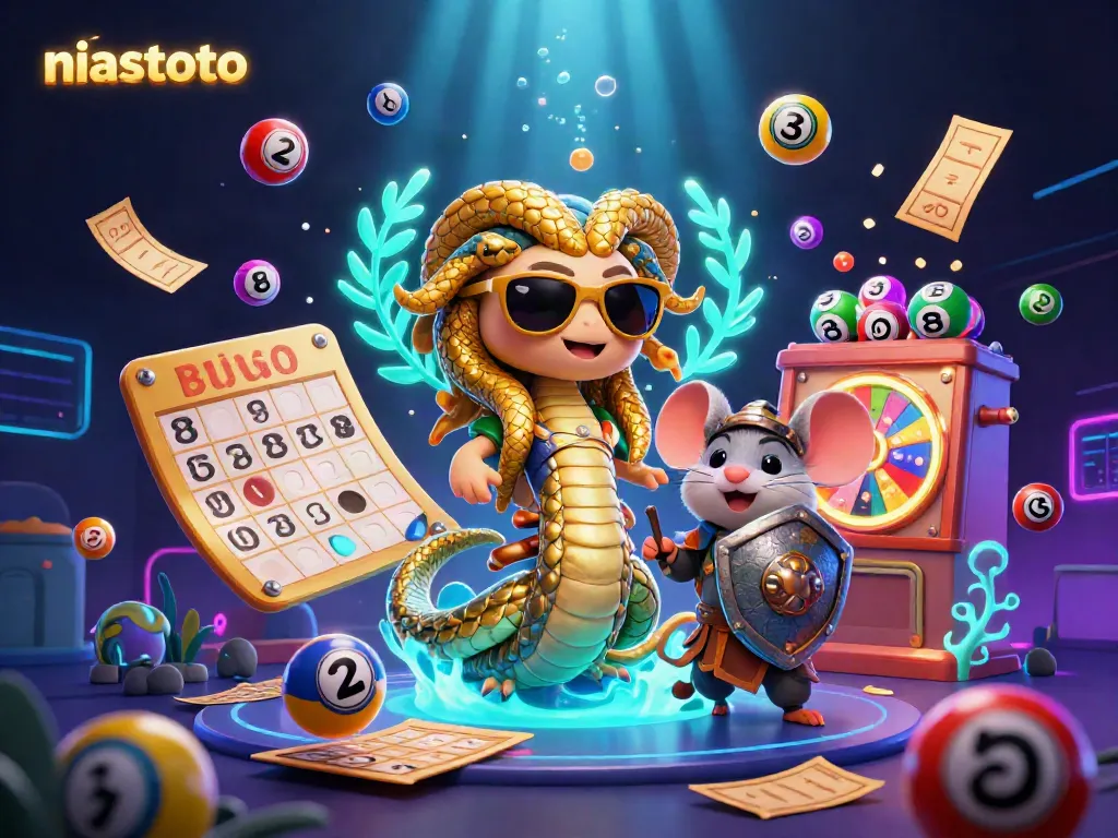 Experience the thrill of niastoto with friendly Medusa and a warrior mouse amidst a vibrant lottery scene.