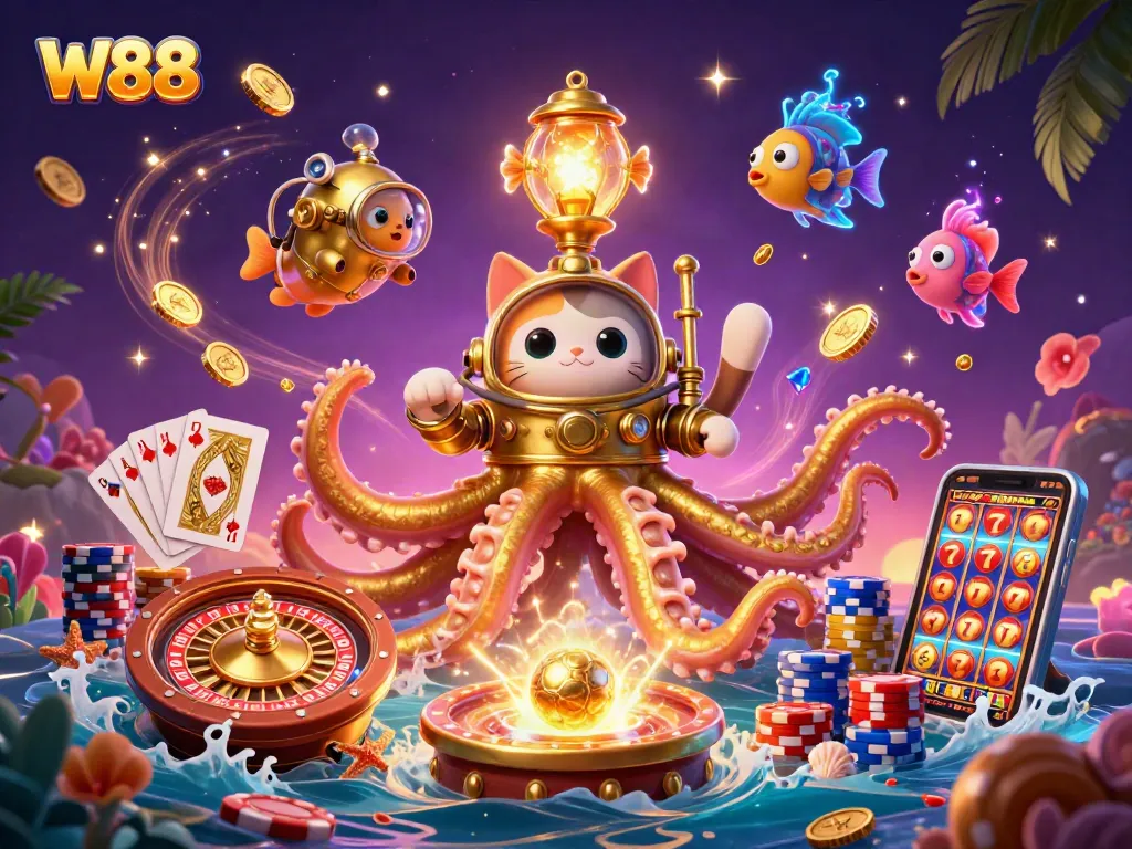 Experience thrilling W88 gaming action with a kraken and diving cat amidst coins and cards.
