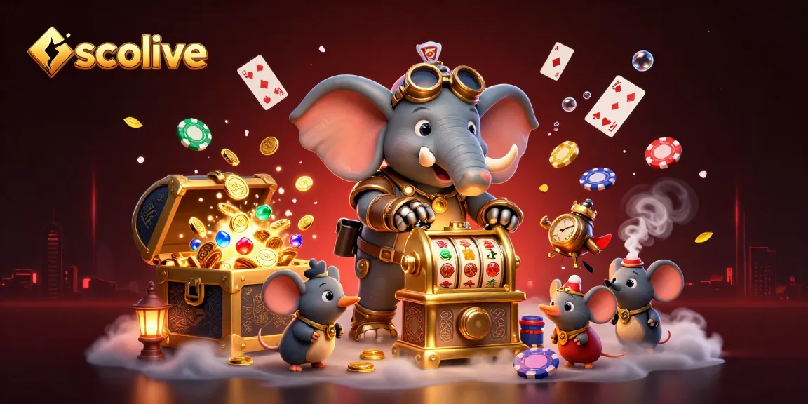 Socolive showcases an engaging scene with a steampunk elephant engineer winning at a golden slot machine, bursting with treasures.
